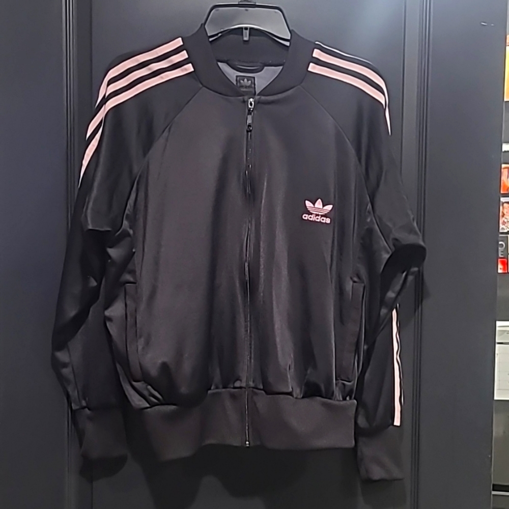 Adidas Jacket XL, black with pink stipes and pink Adidas emblem. P2P 21 L 25